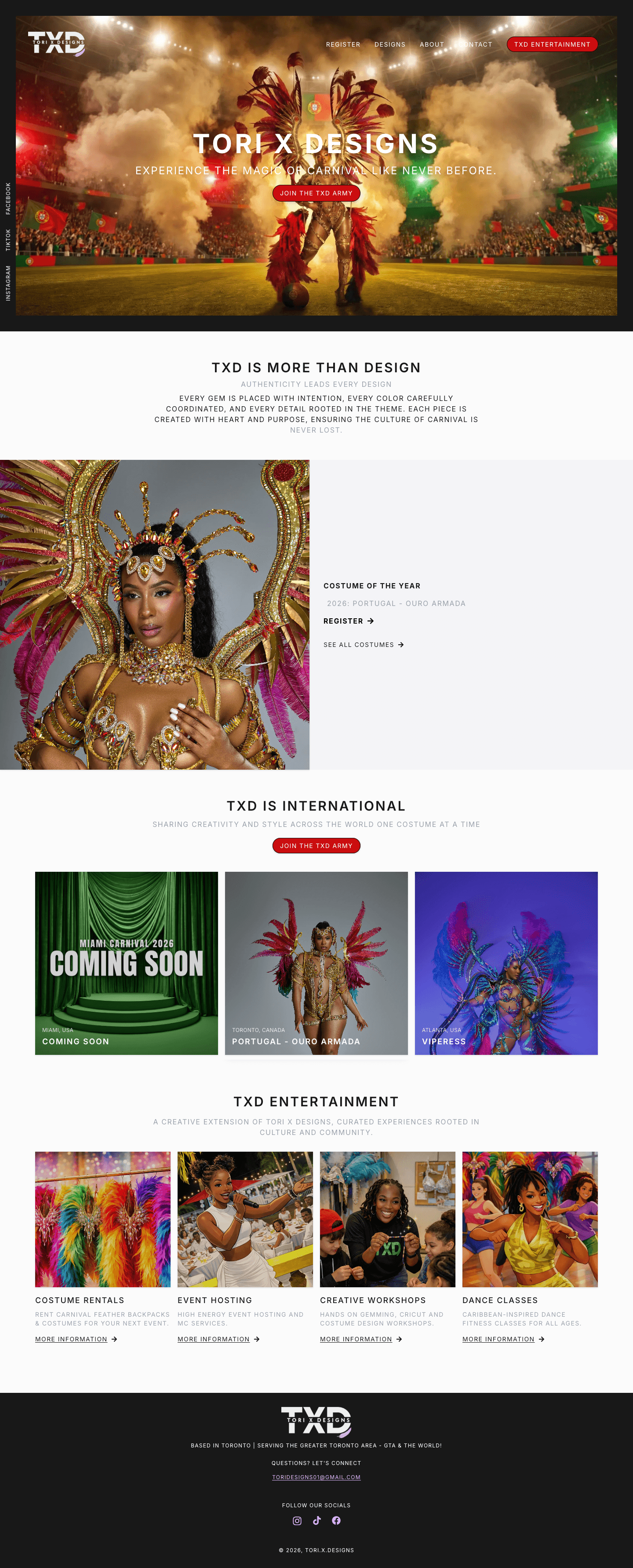 Tori X Designs — Caribana Costume Brand website screenshot